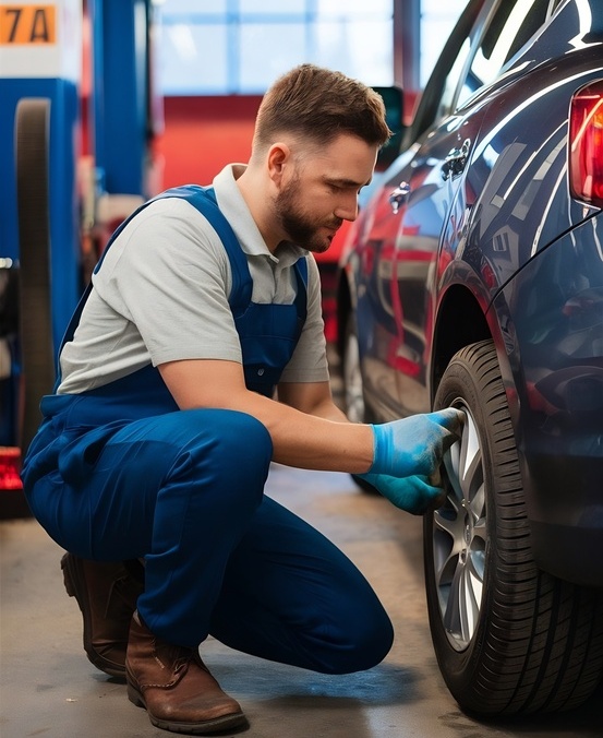 Ein Mitarbeiter in Arbeitskleidung steht in einer Werkstatt und repariert ein Autorad